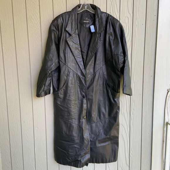 VTG 80s Pelle Black Leather Trench Coat Oversized Boxy Blazer Jacket M - Picture 1 of 9